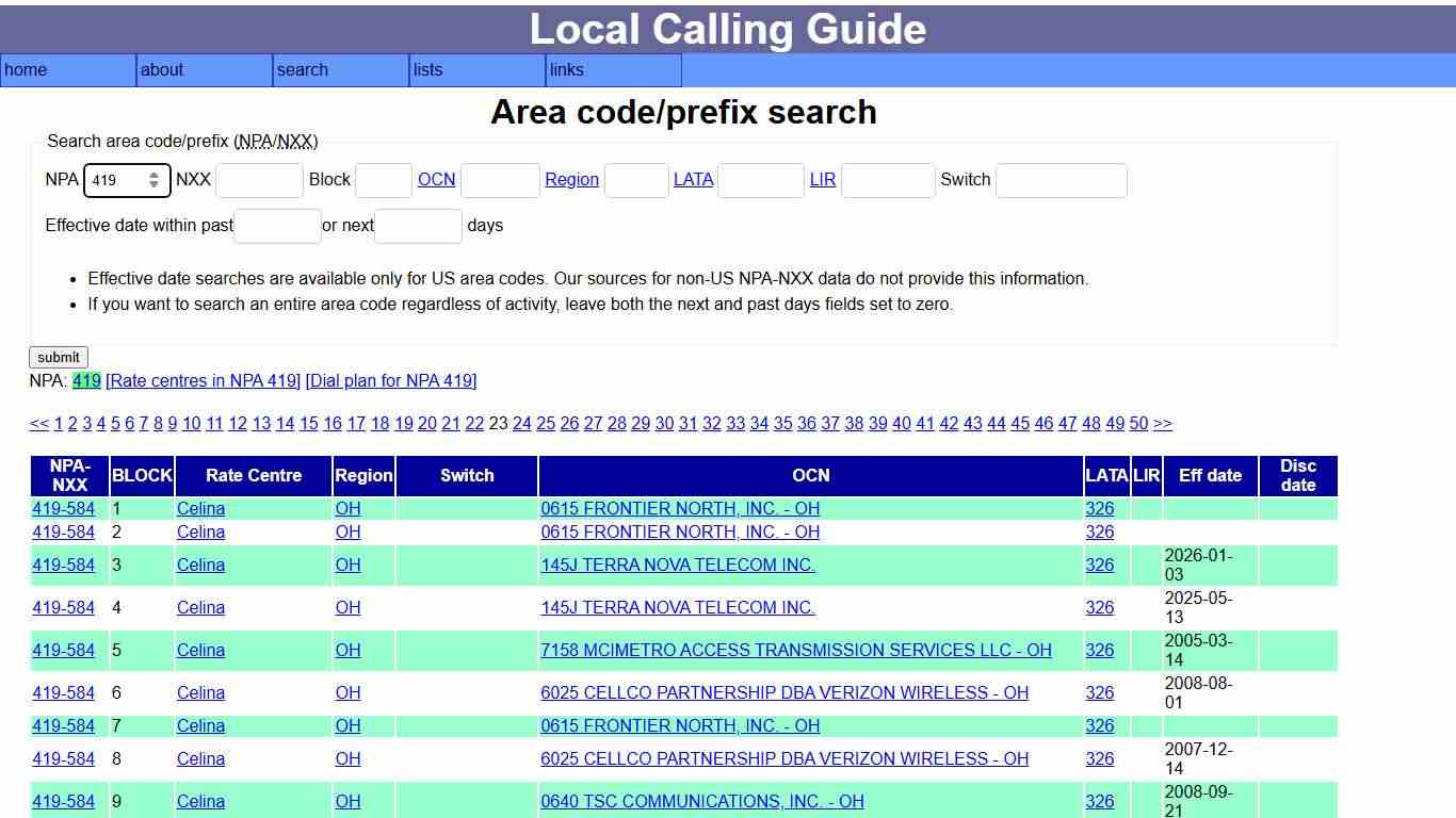 Local calling guide: NPA-NXX search